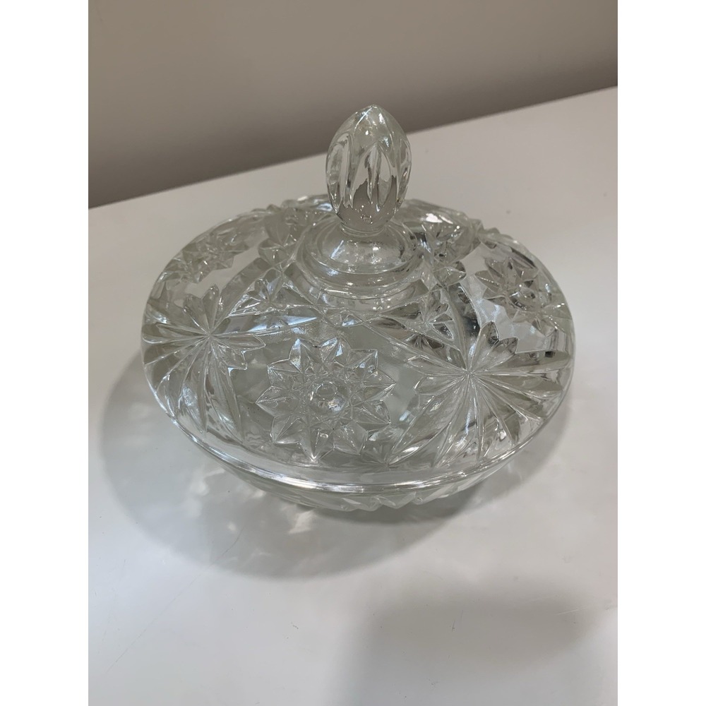 Vintage Anchor Hocking Prescut Clear Glass Star of David Candy Dish w/Lid, EUC